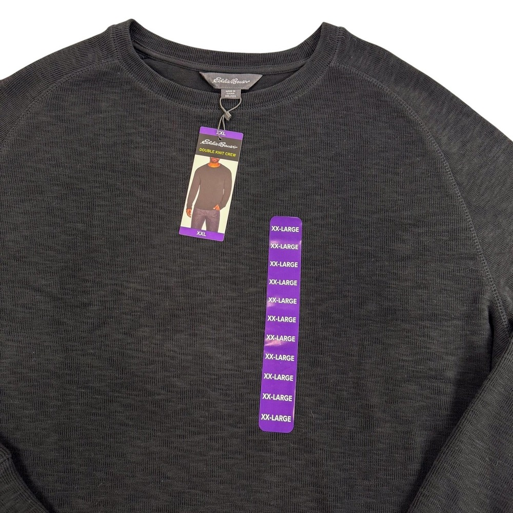 Eddie Bauer Sweater Mens 2XL Black Double Knit Crew Waffle Pullover Thermal NEW